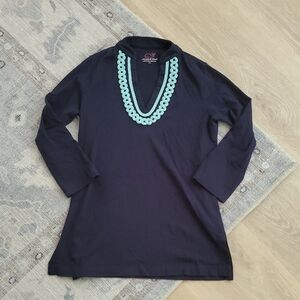 Vineyard Vines Navy Blue Aqua Embroidered Tunic Top SzXS